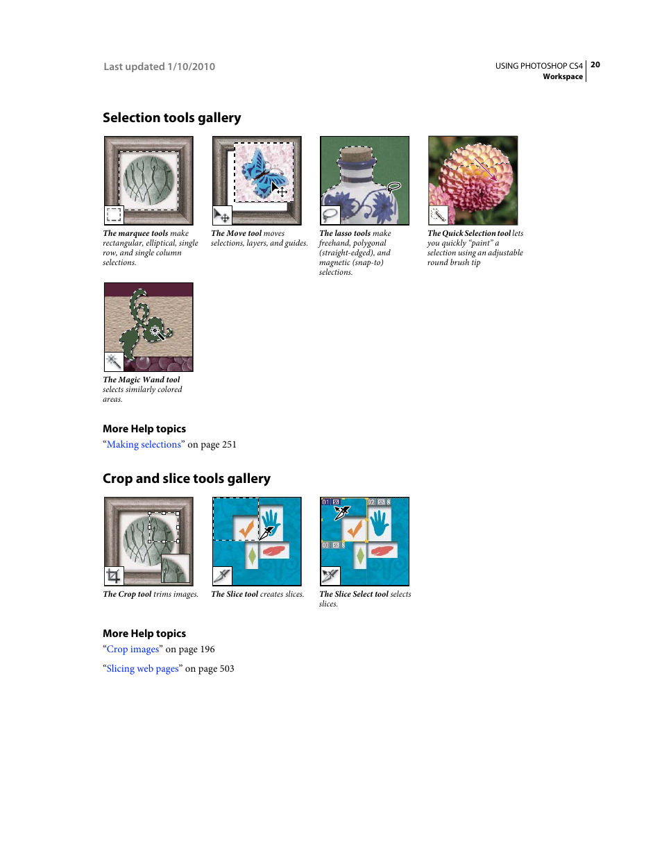 Selection tools gallery, Crop and slice tools gallery | Adobe Photoshop CS4 User Manual | Page 27 / 707