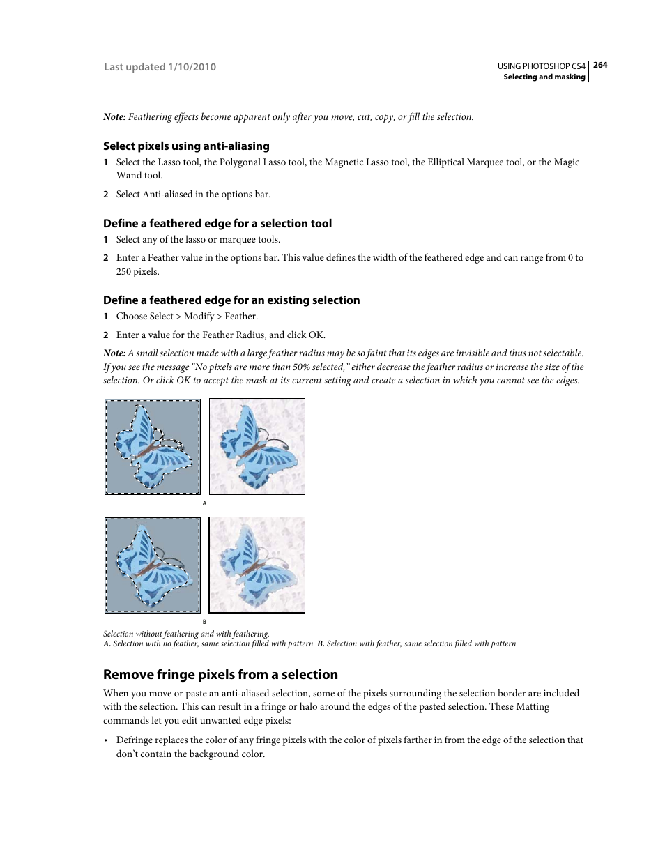 Select pixels using anti-aliasing, Define a feathered edge for a selection tool, Define a feathered edge for an existing selection | Remove fringe pixels from a selection | Adobe Photoshop CS4 User Manual | Page 271 / 707