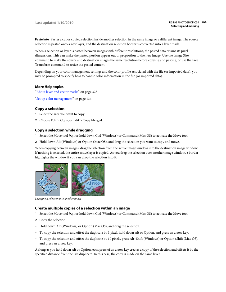 Copy a selection, Copy a selection while dragging | Adobe Photoshop CS4 User Manual | Page 273 / 707