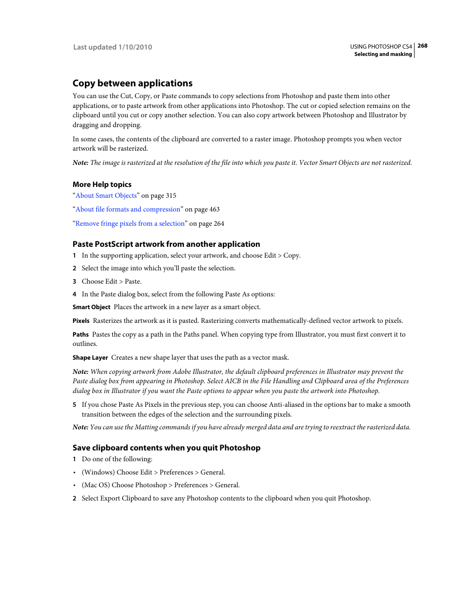 Copy between applications, Paste postscript artwork from another application, Save clipboard contents when you quit photoshop | Adobe Photoshop CS4 User Manual | Page 275 / 707