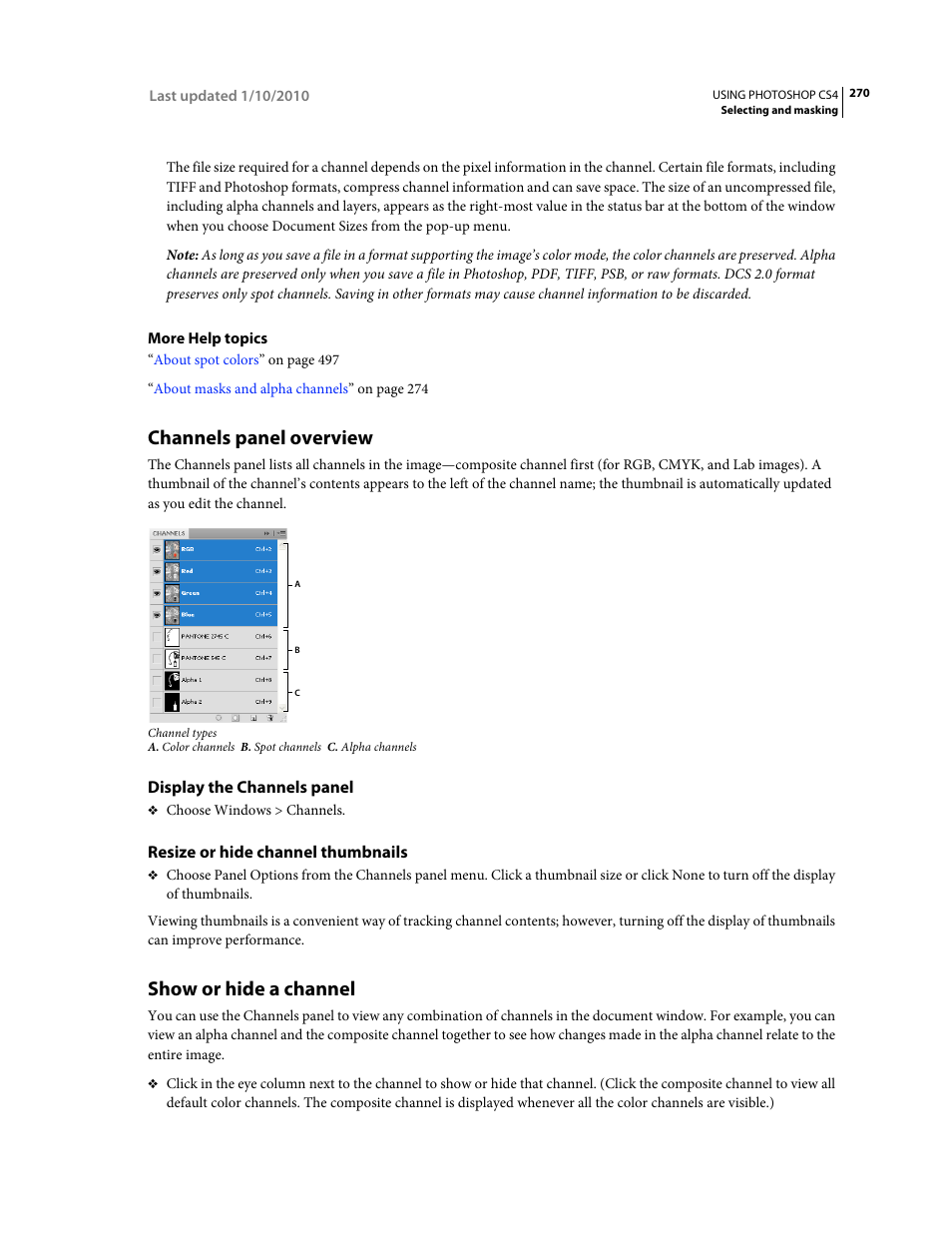 Channels panel overview, Display the channels panel, Resize or hide channel thumbnails | Show or hide a channel | Adobe Photoshop CS4 User Manual | Page 277 / 707