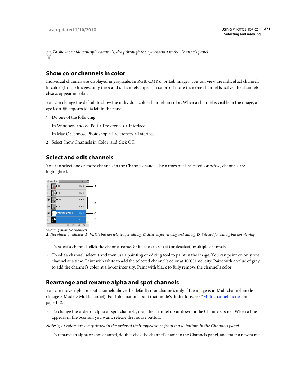 Show color channels in color, Select and edit channels, Rearrange and rename alpha and spot channels | Adobe Photoshop CS4 User Manual | Page 278 / 707