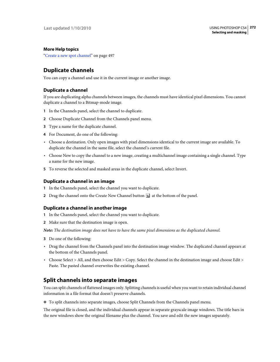 Duplicate channels, Duplicate a channel, Duplicate a channel in an image | Duplicate a channel in another image, Split channels into separate images | Adobe Photoshop CS4 User Manual | Page 279 / 707