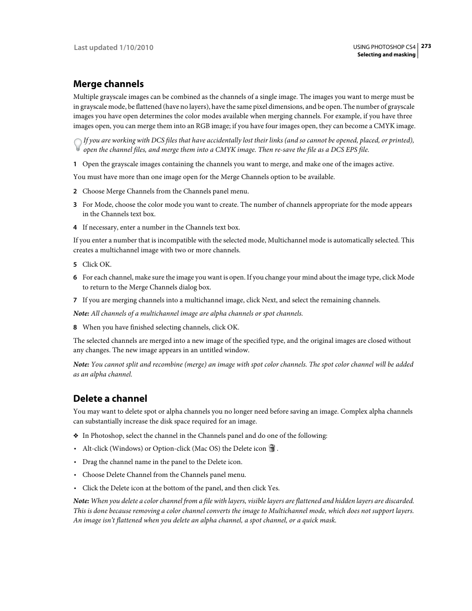 Merge channels, Delete a channel | Adobe Photoshop CS4 User Manual | Page 280 / 707