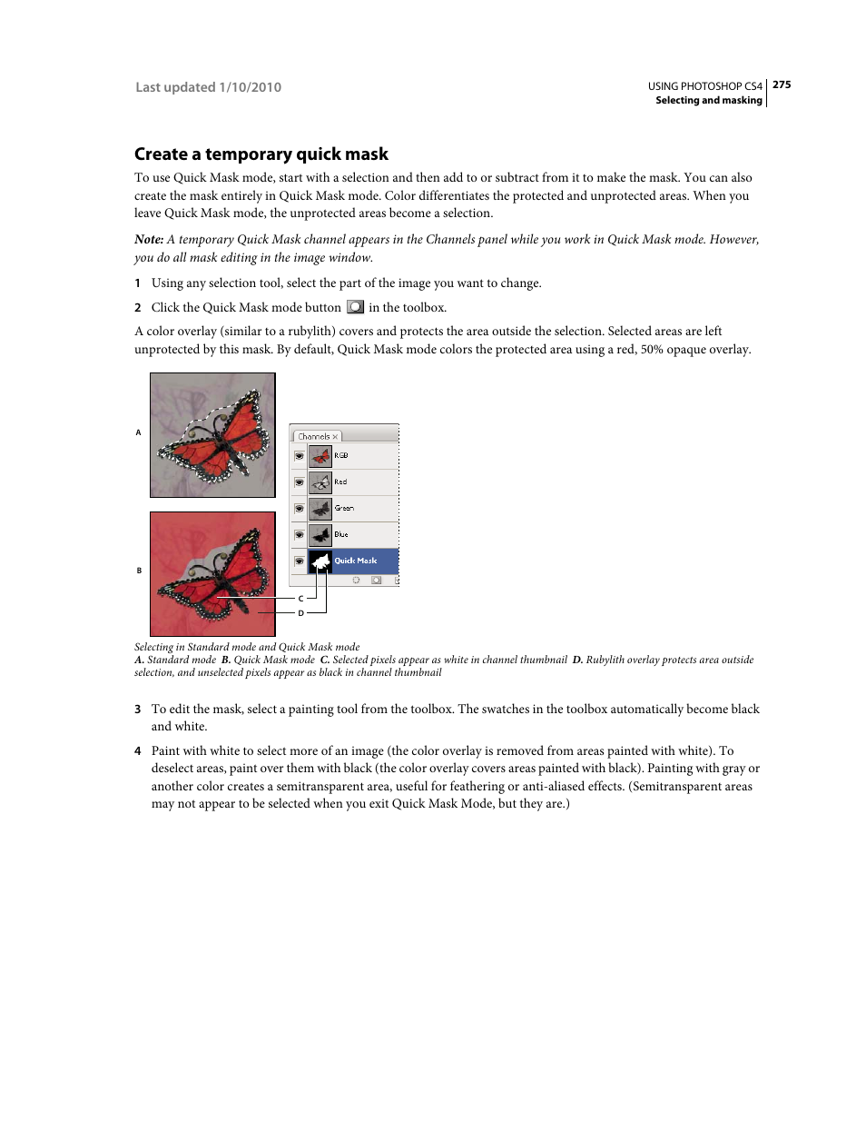 Create a temporary quick mask | Adobe Photoshop CS4 User Manual | Page 282 / 707