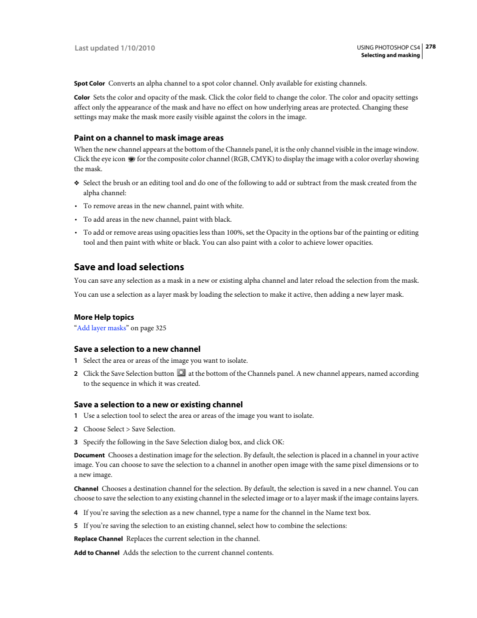 Paint on a channel to mask image areas, Save and load selections, Save a selection to a new channel | Save a selection to a new or existing channel | Adobe Photoshop CS4 User Manual | Page 285 / 707