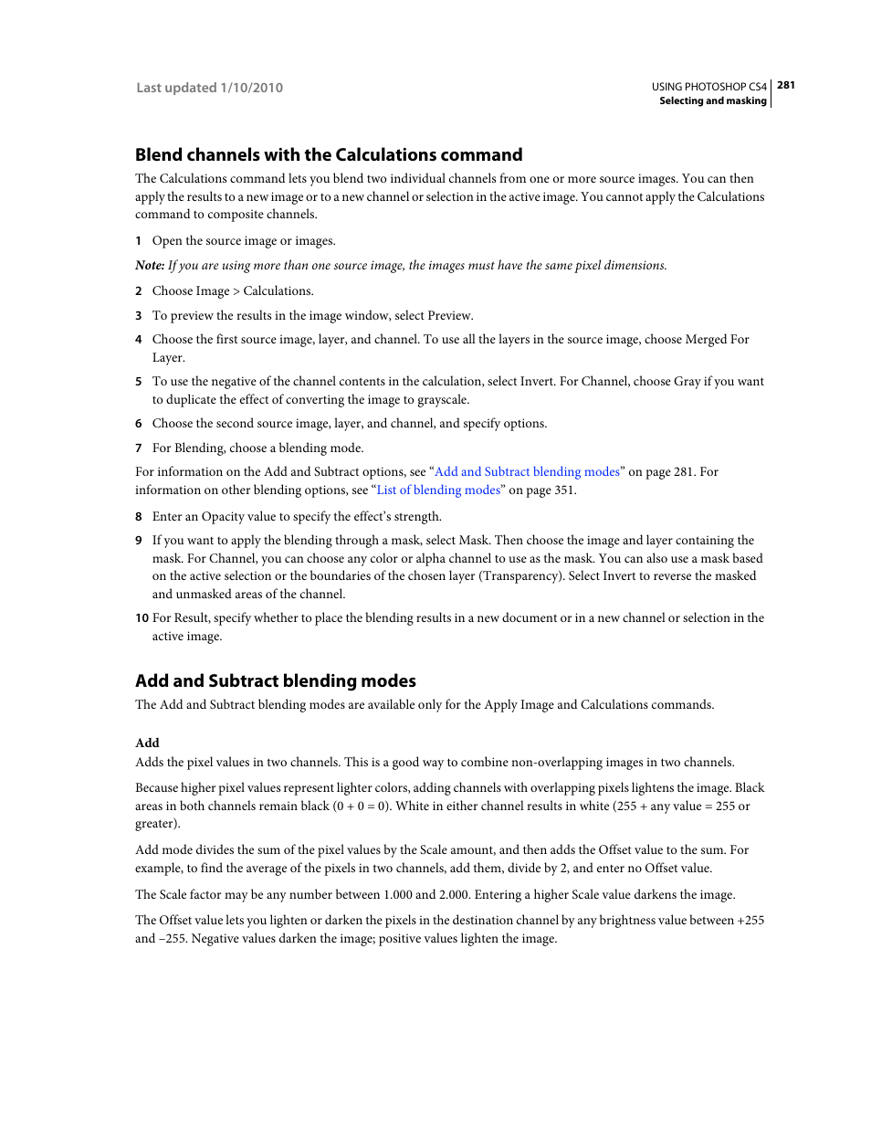 Blend channels with the calculations command, Add and subtract blending modes | Adobe Photoshop CS4 User Manual | Page 288 / 707