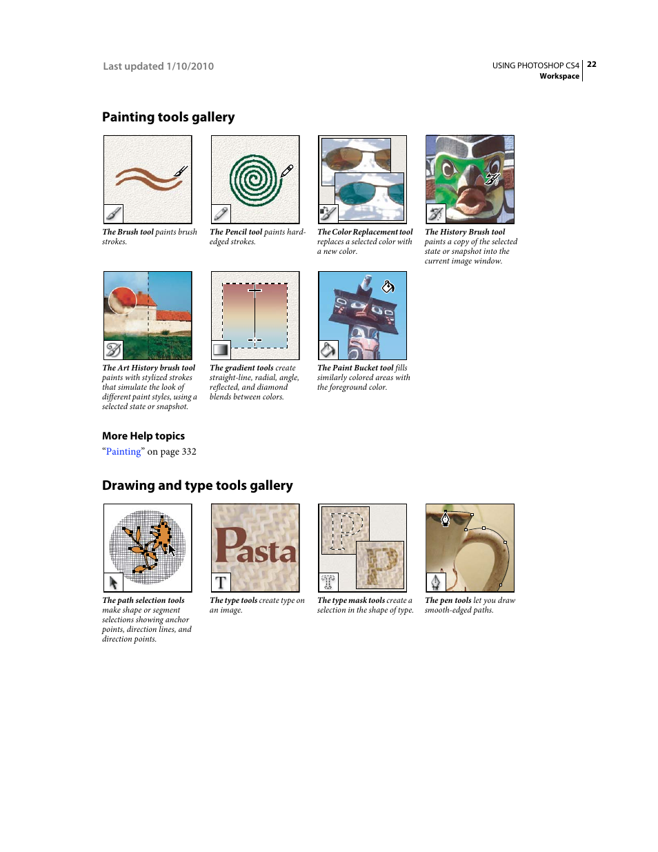 Painting tools gallery, Drawing and type tools gallery | Adobe Photoshop CS4 User Manual | Page 29 / 707