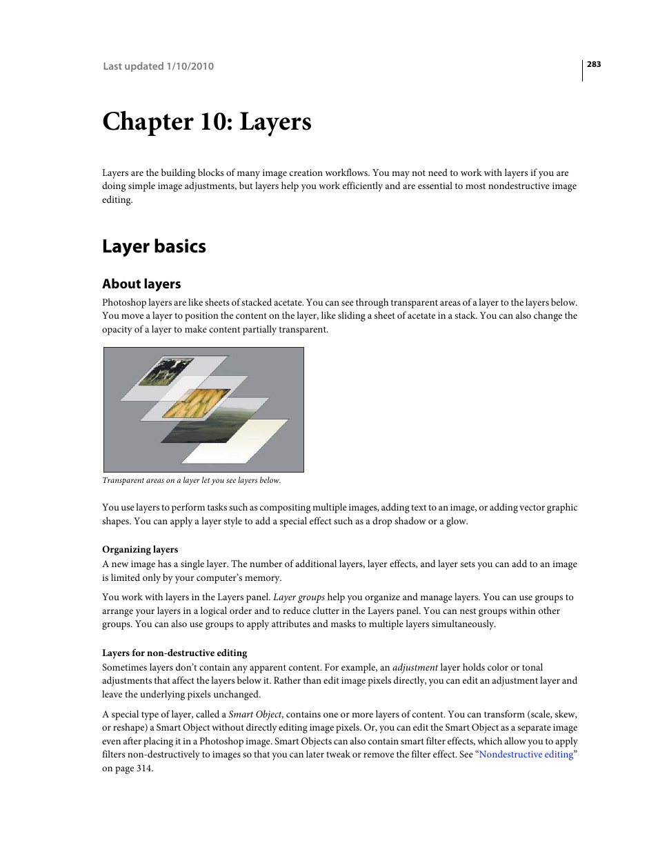 Chapter 10: layers, Layer basics, About layers | Adobe Photoshop CS4 User Manual | Page 290 / 707