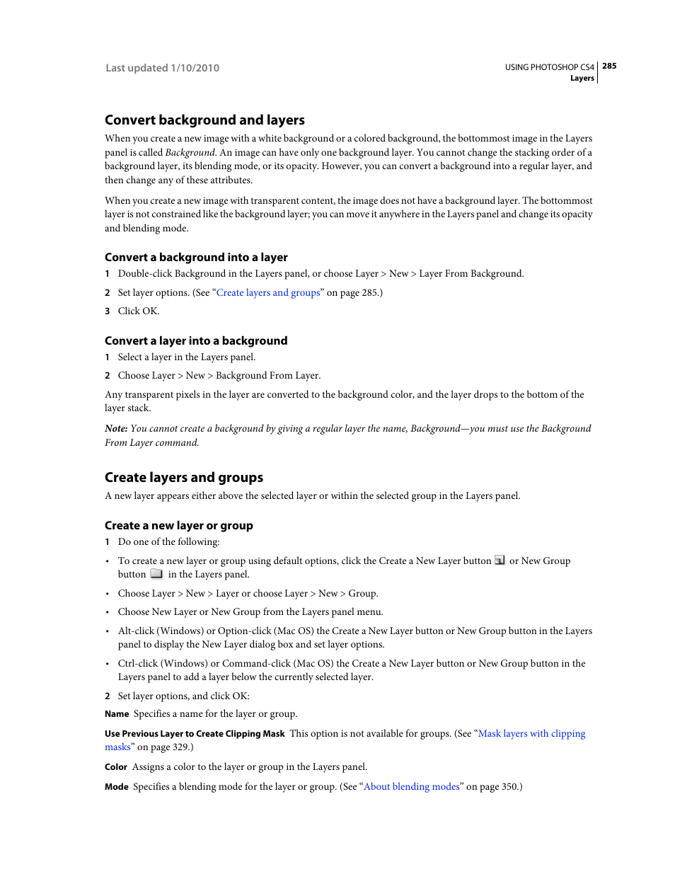 Convert background and layers, Convert a background into a layer, Convert a layer into a background | Create layers and groups, Create a new layer or group | Adobe Photoshop CS4 User Manual | Page 292 / 707