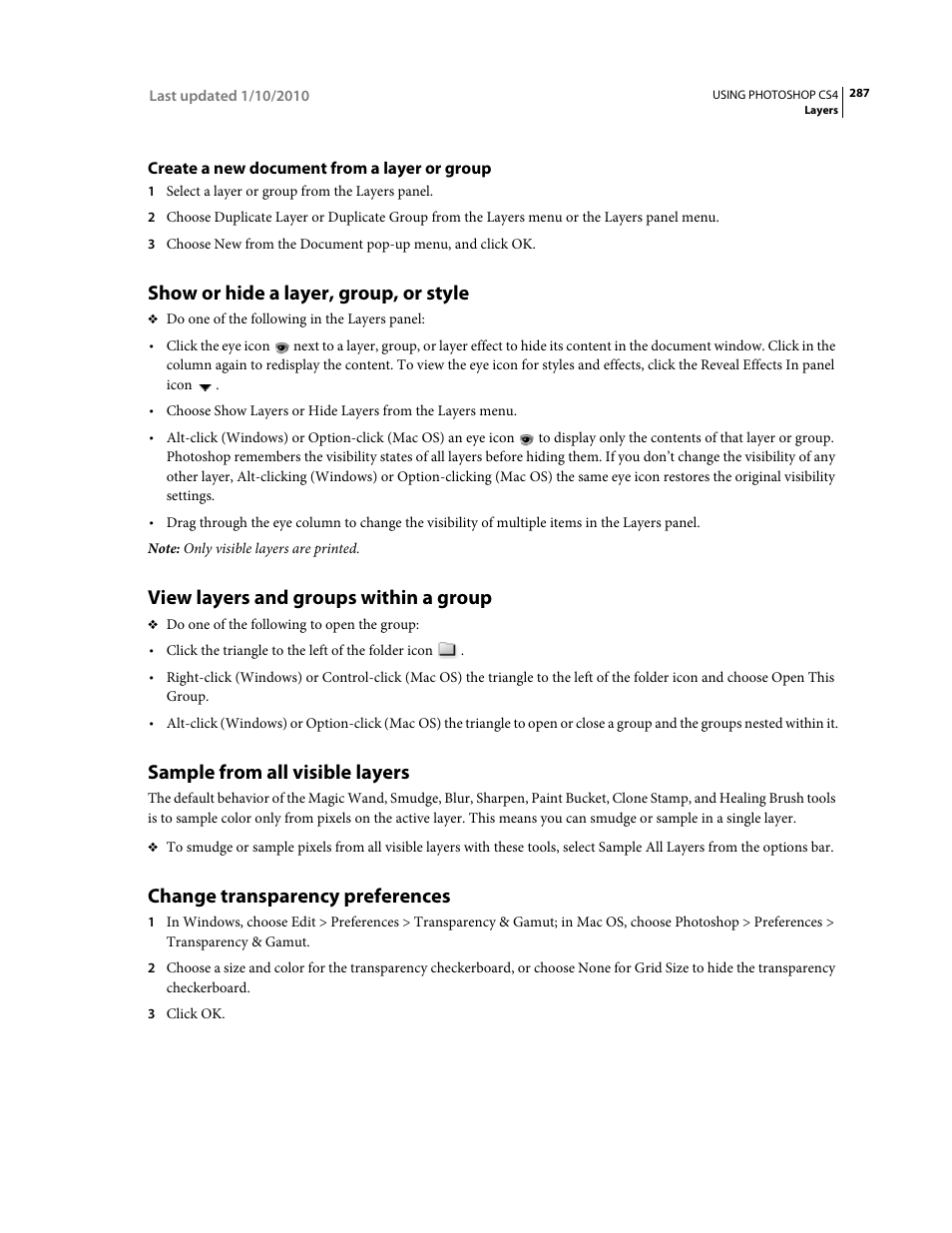 Create a new document from a layer or group, Show or hide a layer, group, or style, View layers and groups within a group | Sample from all visible layers, Change transparency preferences | Adobe Photoshop CS4 User Manual | Page 294 / 707