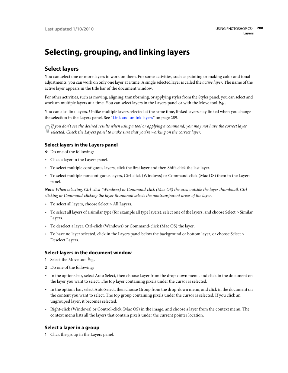 Selecting, grouping, and linking layers, Select layers, Select layers in the layers panel | Select layers in the document window, Select a layer in a group | Adobe Photoshop CS4 User Manual | Page 295 / 707