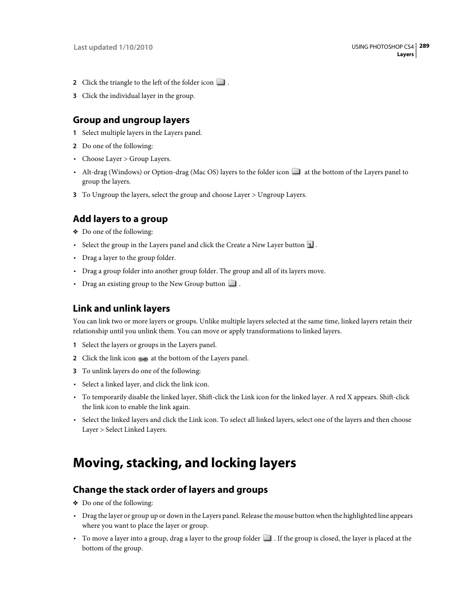 Group and ungroup layers, Add layers to a group, Link and unlink layers | Moving, stacking, and locking layers, Change the stack order of layers and groups | Adobe Photoshop CS4 User Manual | Page 296 / 707