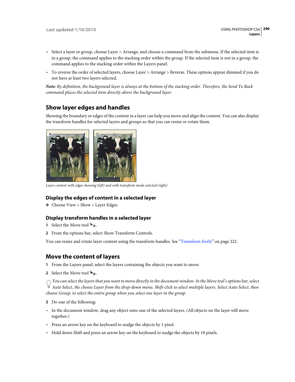 Show layer edges and handles, Display the edges of content in a selected layer, Display transform handles in a selected layer | Move the content of layers | Adobe Photoshop CS4 User Manual | Page 297 / 707