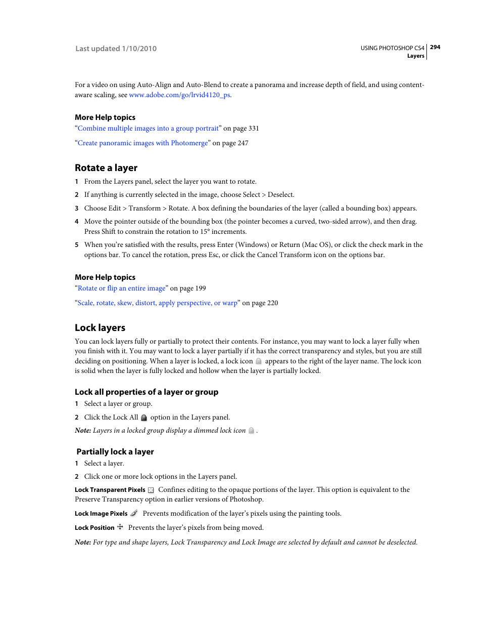 Rotate a layer, Lock layers, Lock all properties of a layer or group | Partially lock a layer | Adobe Photoshop CS4 User Manual | Page 301 / 707