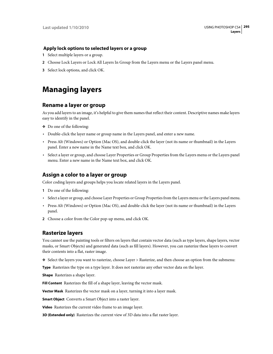 Apply lock options to selected layers or a group, Managing layers, Rename a layer or group | Assign a color to a layer or group, Rasterize layers | Adobe Photoshop CS4 User Manual | Page 302 / 707