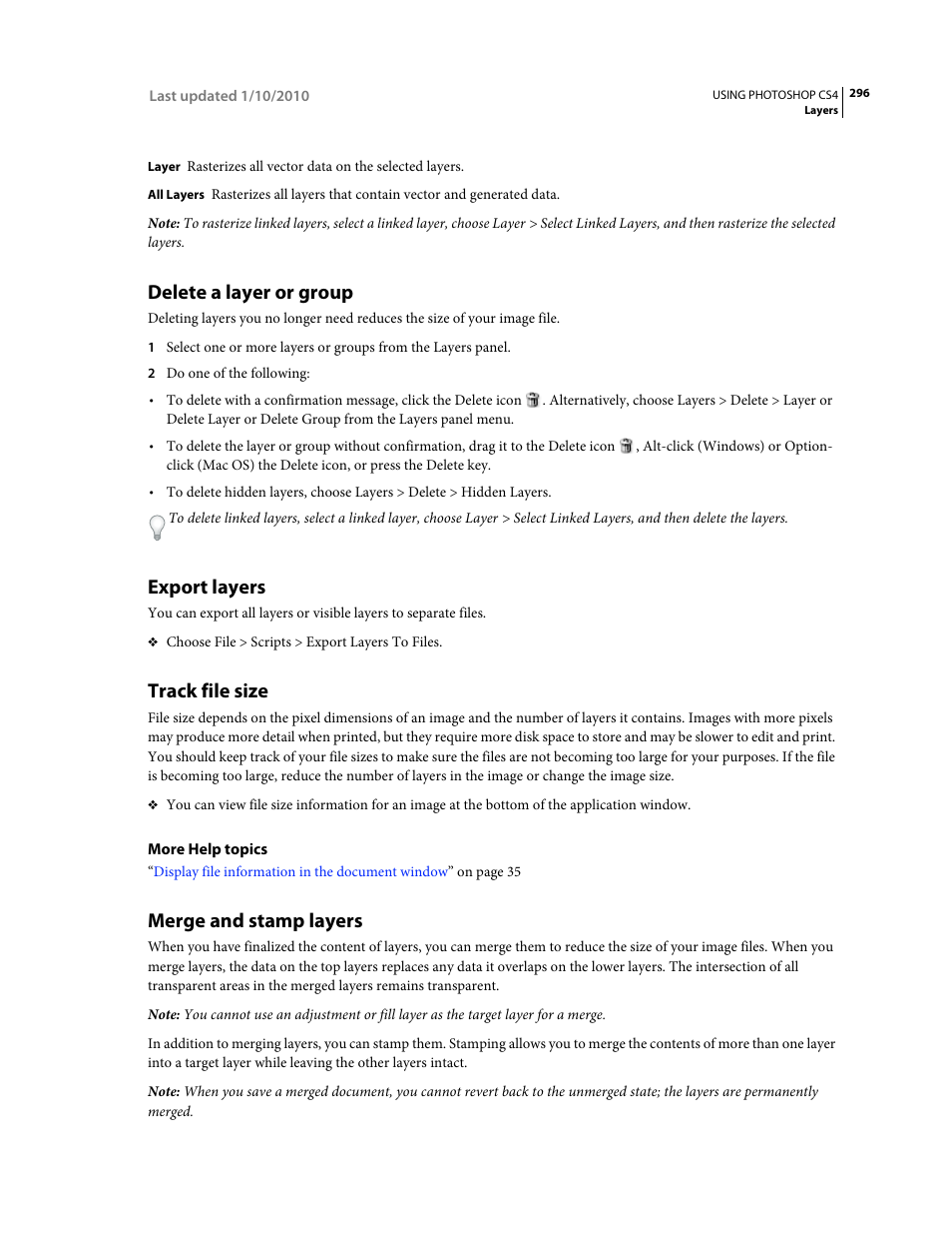 Delete a layer or group, Export layers, Track file size | Merge and stamp layers | Adobe Photoshop CS4 User Manual | Page 303 / 707