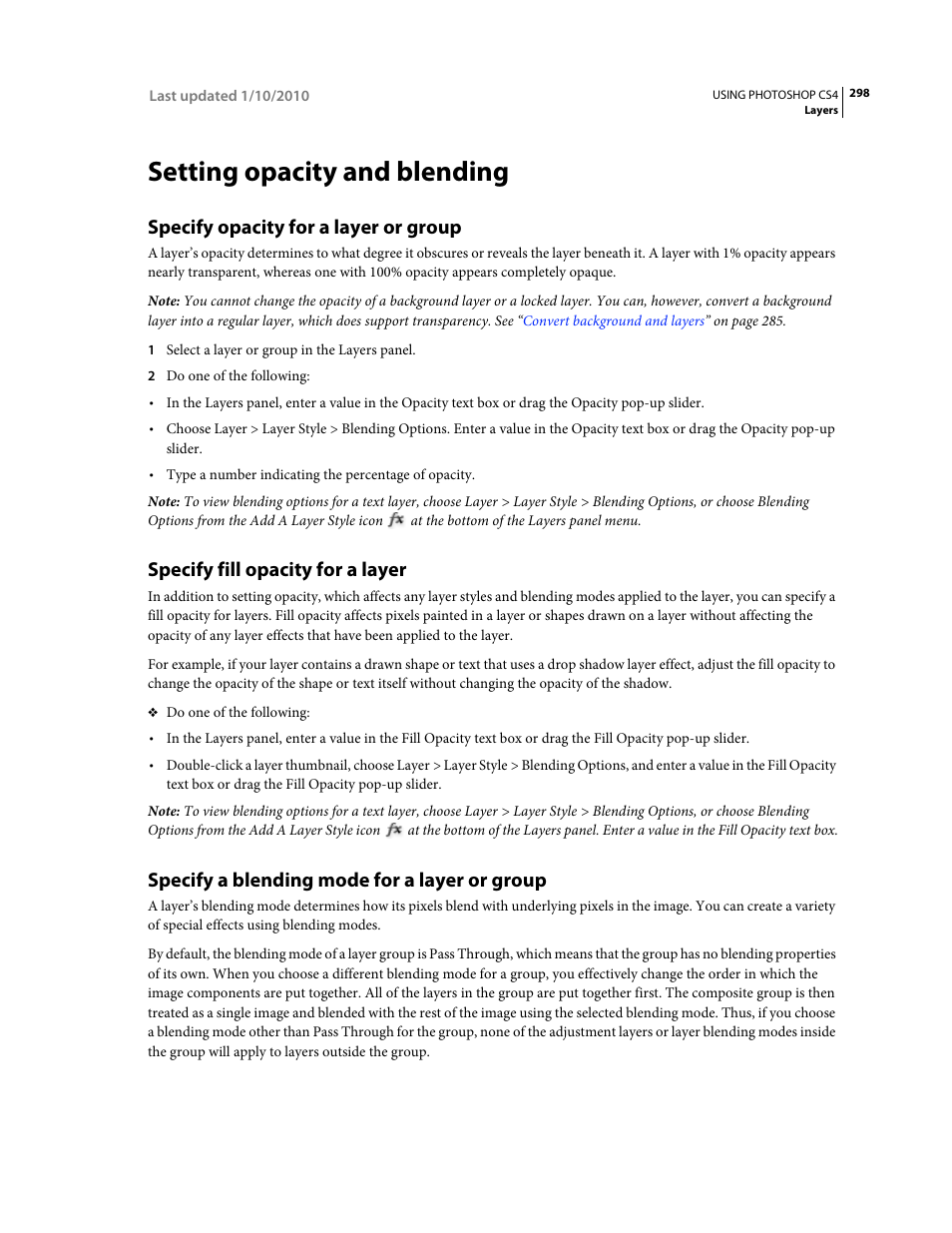 Setting opacity and blending, Specify opacity for a layer or group, Specify fill opacity for a layer | Specify a blending mode for a layer or group | Adobe Photoshop CS4 User Manual | Page 305 / 707