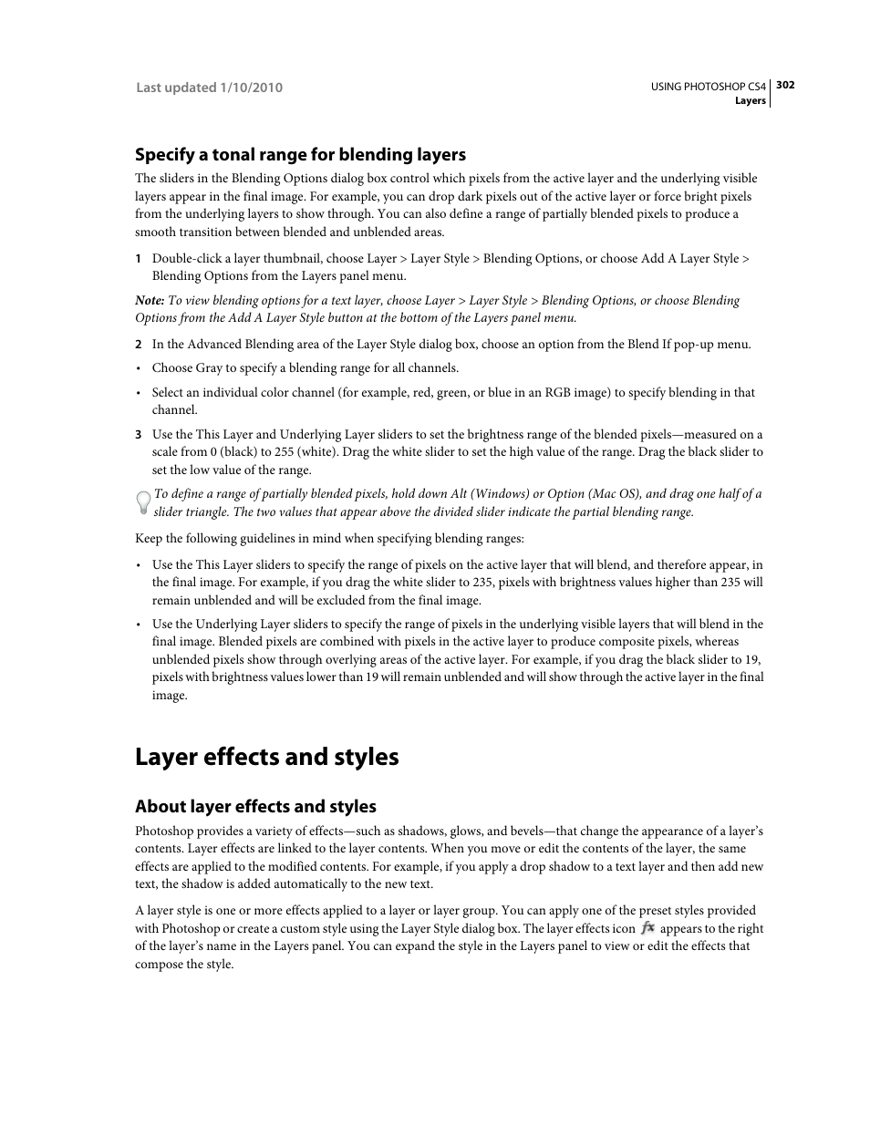 Specify a tonal range for blending layers, Layer effects and styles, About layer effects and styles | Adobe Photoshop CS4 User Manual | Page 309 / 707