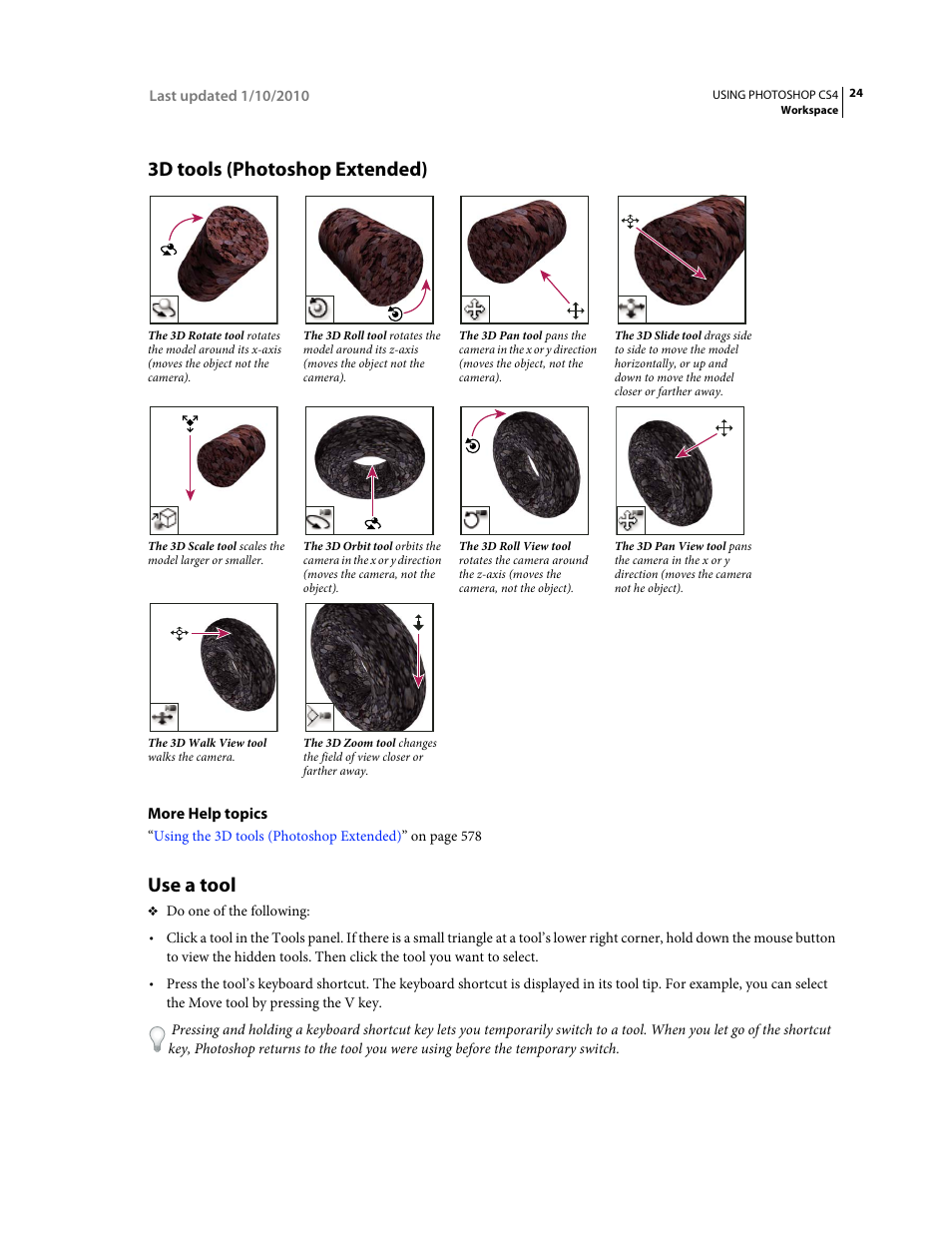 3d tools (photoshop extended), Use a tool | Adobe Photoshop CS4 User Manual | Page 31 / 707