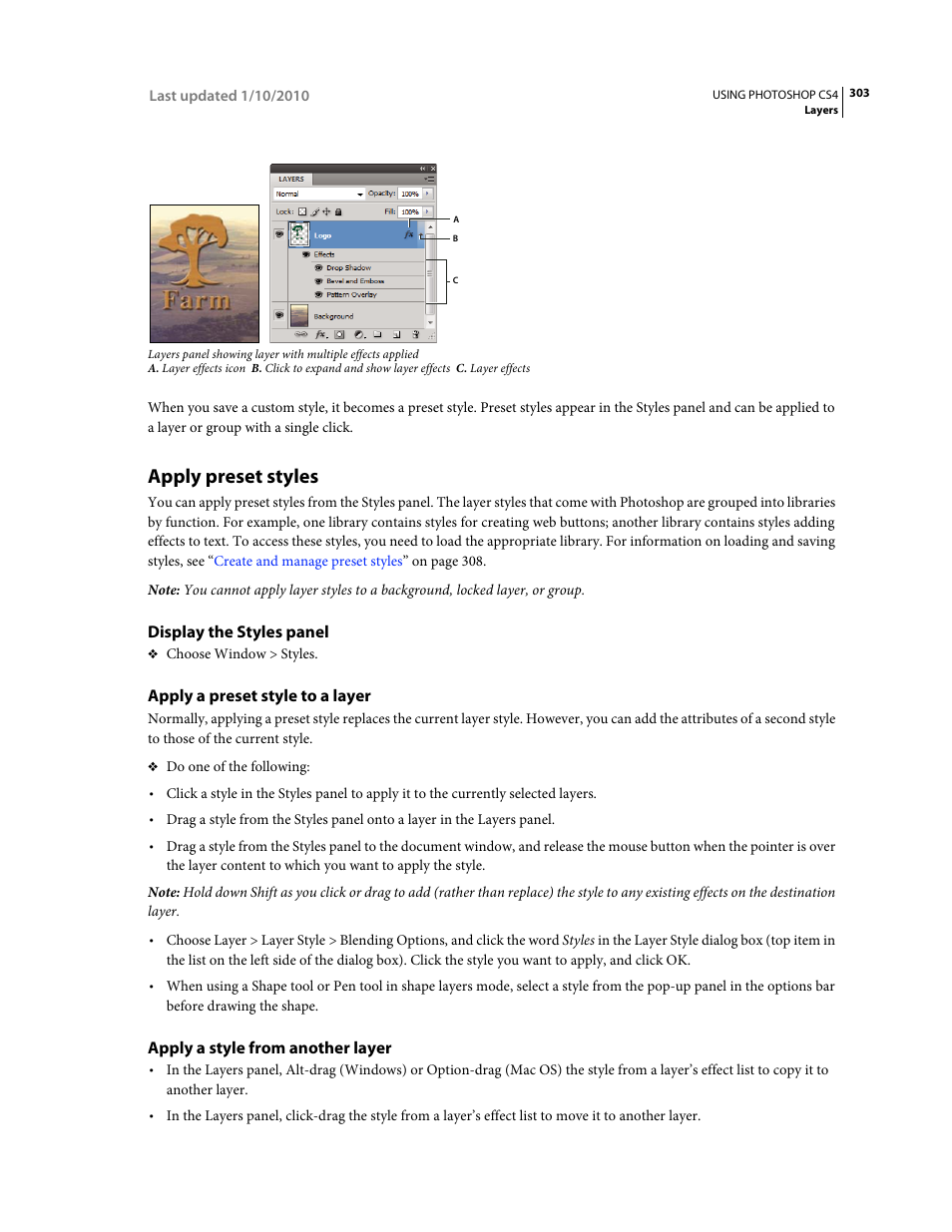 Apply preset styles, Display the styles panel, Apply a preset style to a layer | Apply a style from another layer | Adobe Photoshop CS4 User Manual | Page 310 / 707