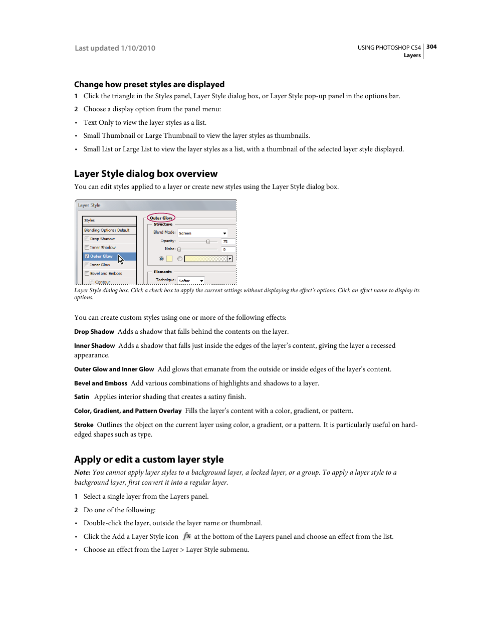 Change how preset styles are displayed, Layer style dialog box overview, Apply or edit a custom layer style | Adobe Photoshop CS4 User Manual | Page 311 / 707