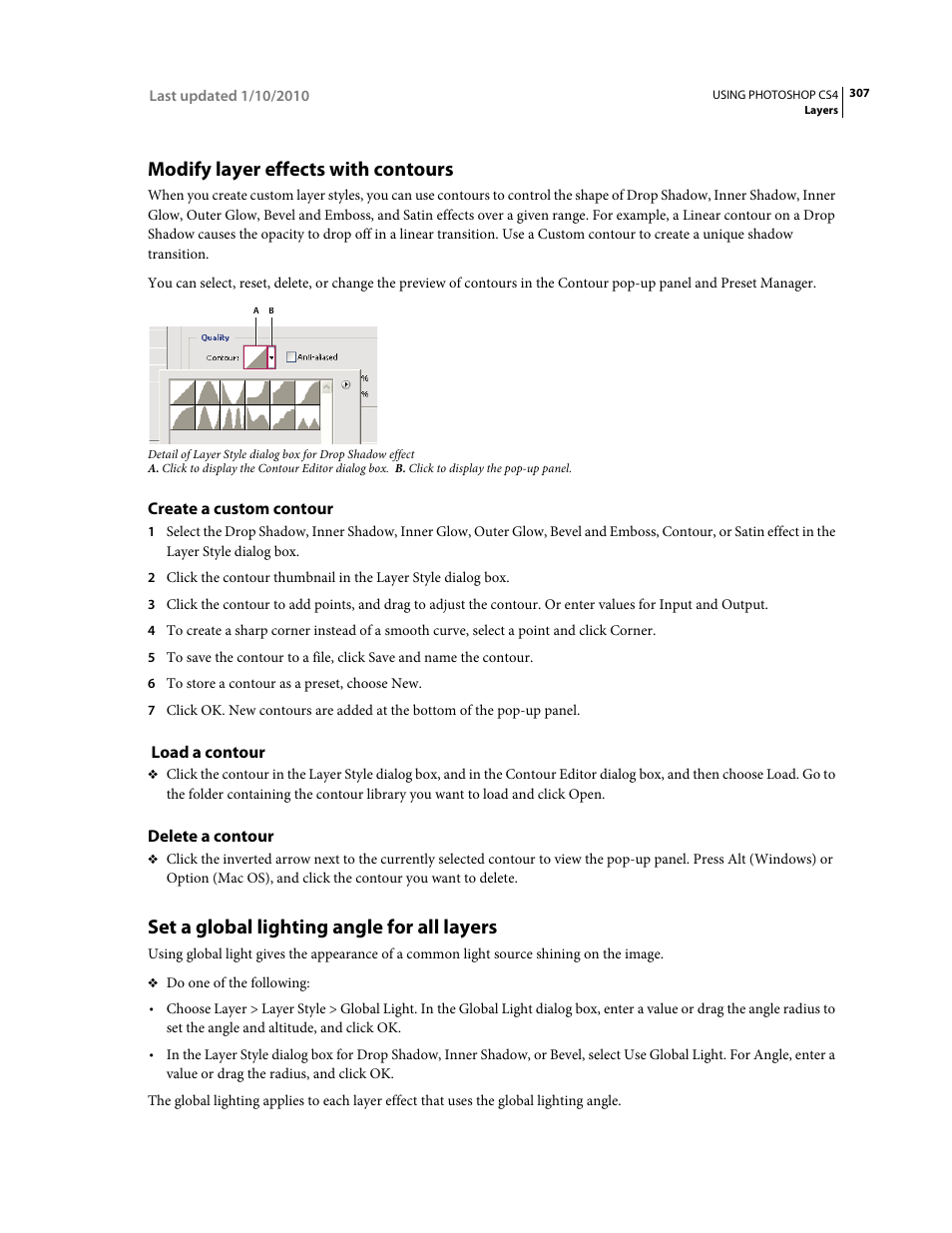 Modify layer effects with contours, Create a custom contour, Load a contour | Delete a contour, Set a global lighting angle for all layers | Adobe Photoshop CS4 User Manual | Page 314 / 707