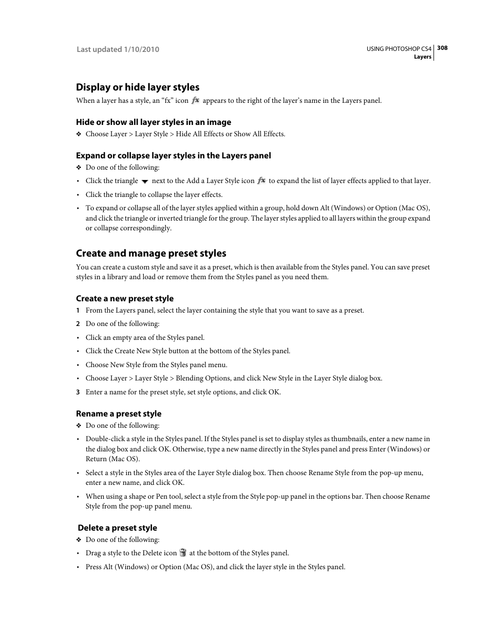 Display or hide layer styles, Hide or show all layer styles in an image, Create and manage preset styles | Create a new preset style, Rename a preset style, Delete a preset style | Adobe Photoshop CS4 User Manual | Page 315 / 707