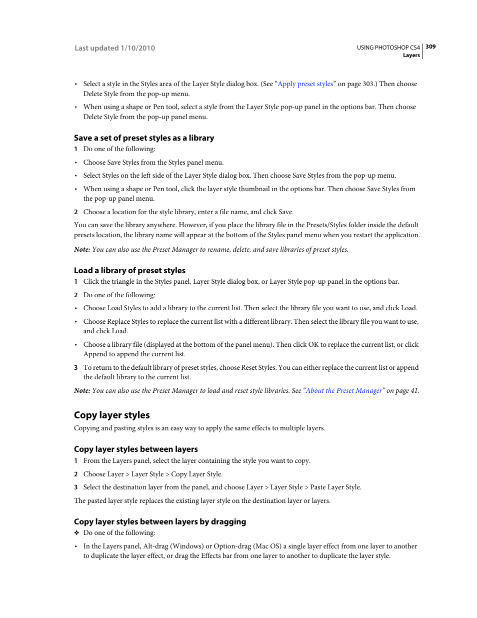 Save a set of preset styles as a library, Load a library of preset styles, Copy layer styles | Copy layer styles between layers, Copy layer styles between layers by dragging | Adobe Photoshop CS4 User Manual | Page 316 / 707