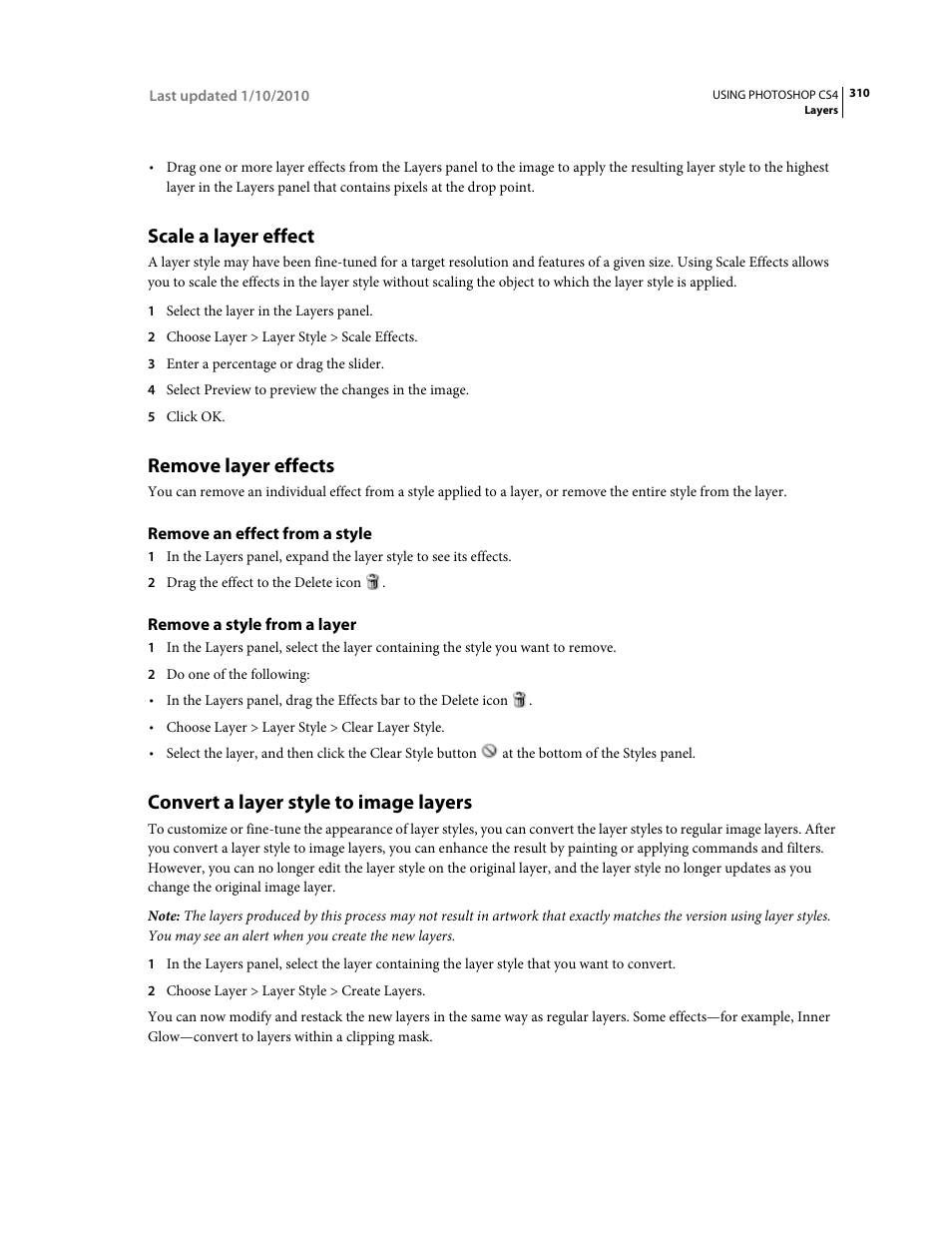 Scale a layer effect, Remove layer effects, Remove an effect from a style | Remove a style from a layer, Convert a layer style to image layers | Adobe Photoshop CS4 User Manual | Page 317 / 707