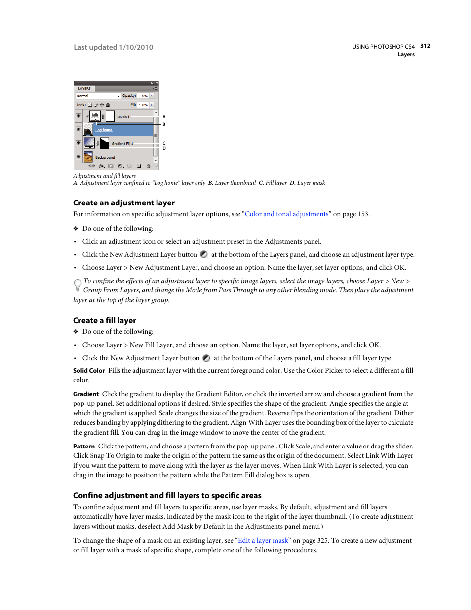 Create an adjustment layer, Create a fill layer | Adobe Photoshop CS4 User Manual | Page 319 / 707