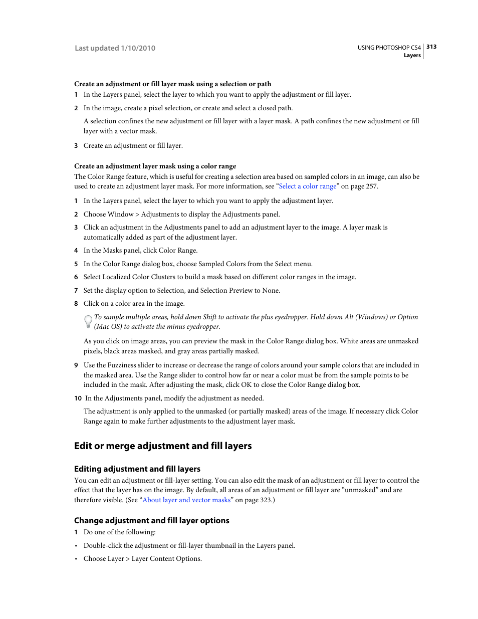 Edit or merge adjustment and fill layers, Editing adjustment and fill layers, Change adjustment and fill layer options | Adobe Photoshop CS4 User Manual | Page 320 / 707