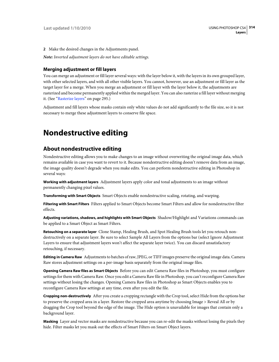 Merging adjustment or fill layers, Nondestructive editing, About nondestructive editing | Adobe Photoshop CS4 User Manual | Page 321 / 707