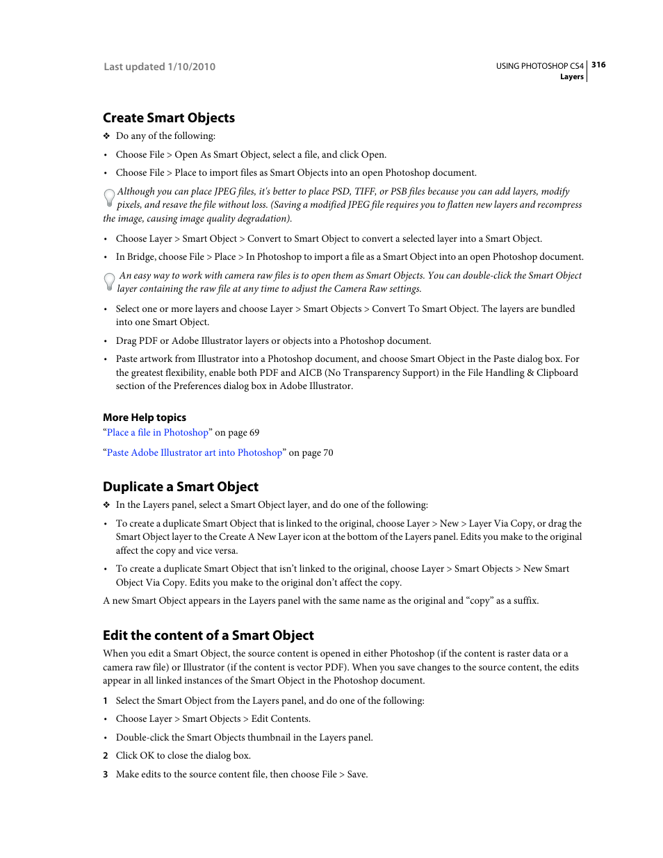Create smart objects, Duplicate a smart object, Edit the content of a smart object | Adobe Photoshop CS4 User Manual | Page 323 / 707