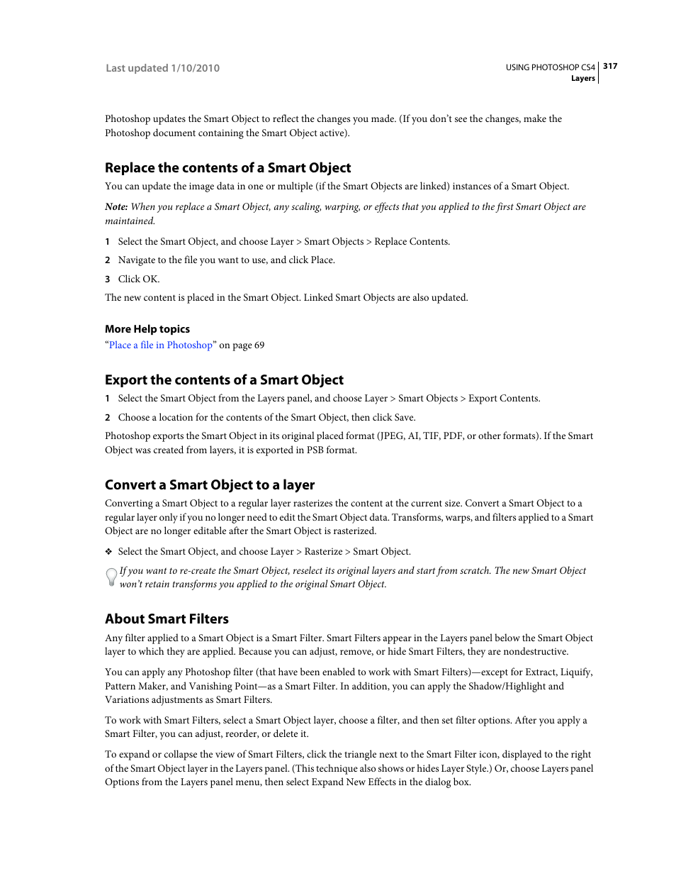 Replace the contents of a smart object, Export the contents of a smart object, Convert a smart object to a layer | About smart filters | Adobe Photoshop CS4 User Manual | Page 324 / 707