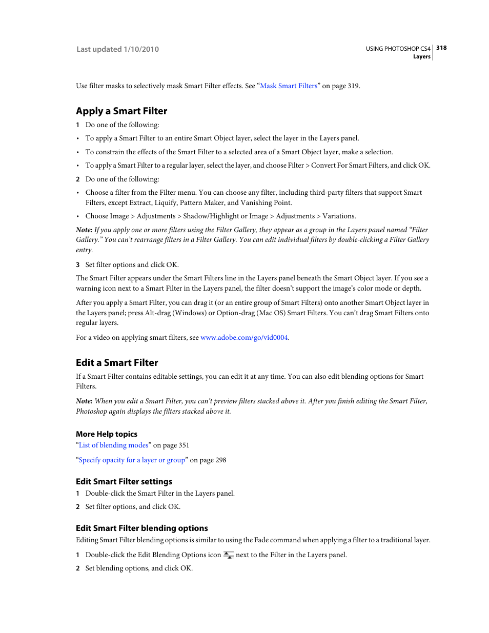 Apply a smart filter, Edit a smart filter, Edit smart filter settings | Edit smart filter blending options | Adobe Photoshop CS4 User Manual | Page 325 / 707