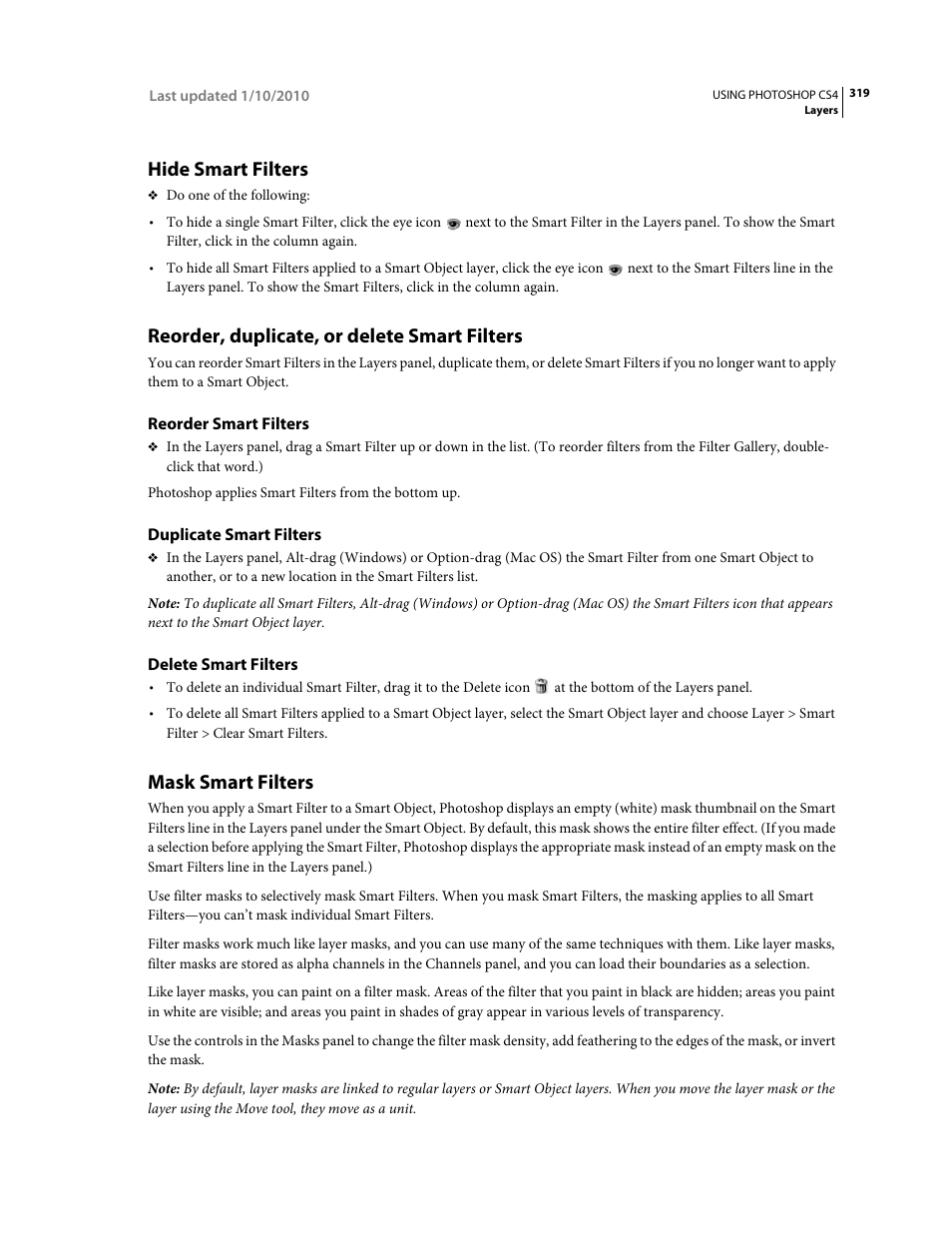 Hide smart filters, Reorder, duplicate, or delete smart filters, Reorder smart filters | Duplicate smart filters, Delete smart filters, Mask smart filters | Adobe Photoshop CS4 User Manual | Page 326 / 707