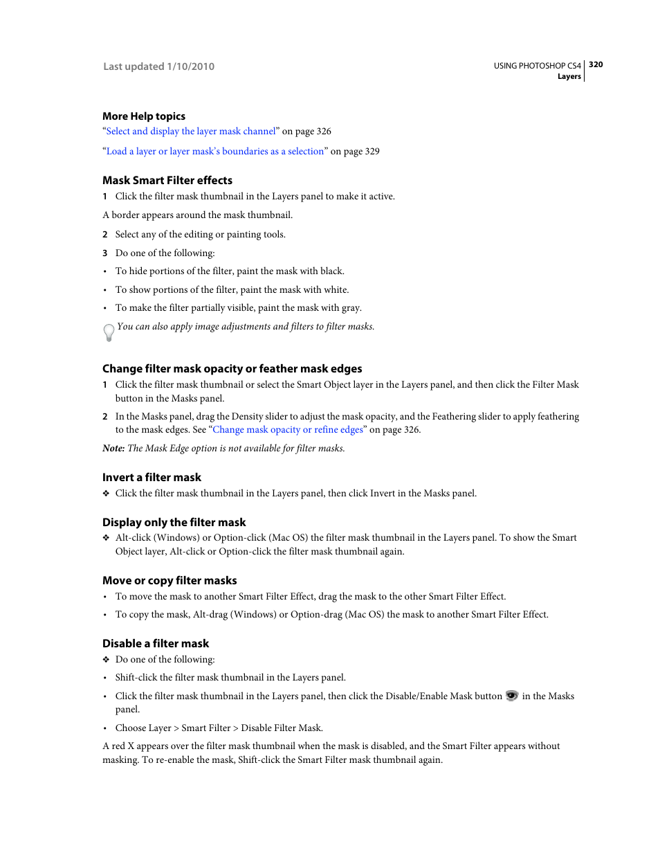 Mask smart filter effects, Change filter mask opacity or feather mask edges, Invert a filter mask | Display only the filter mask, Move or copy filter masks, Disable a filter mask | Adobe Photoshop CS4 User Manual | Page 327 / 707