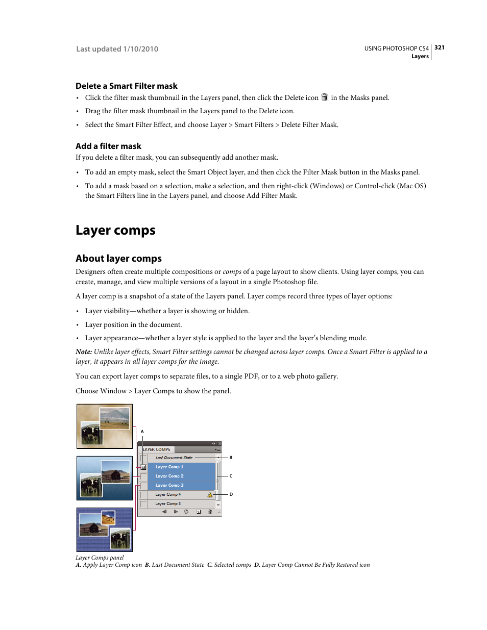 Delete a smart filter mask, Add a filter mask, Layer comps | About layer comps | Adobe Photoshop CS4 User Manual | Page 328 / 707