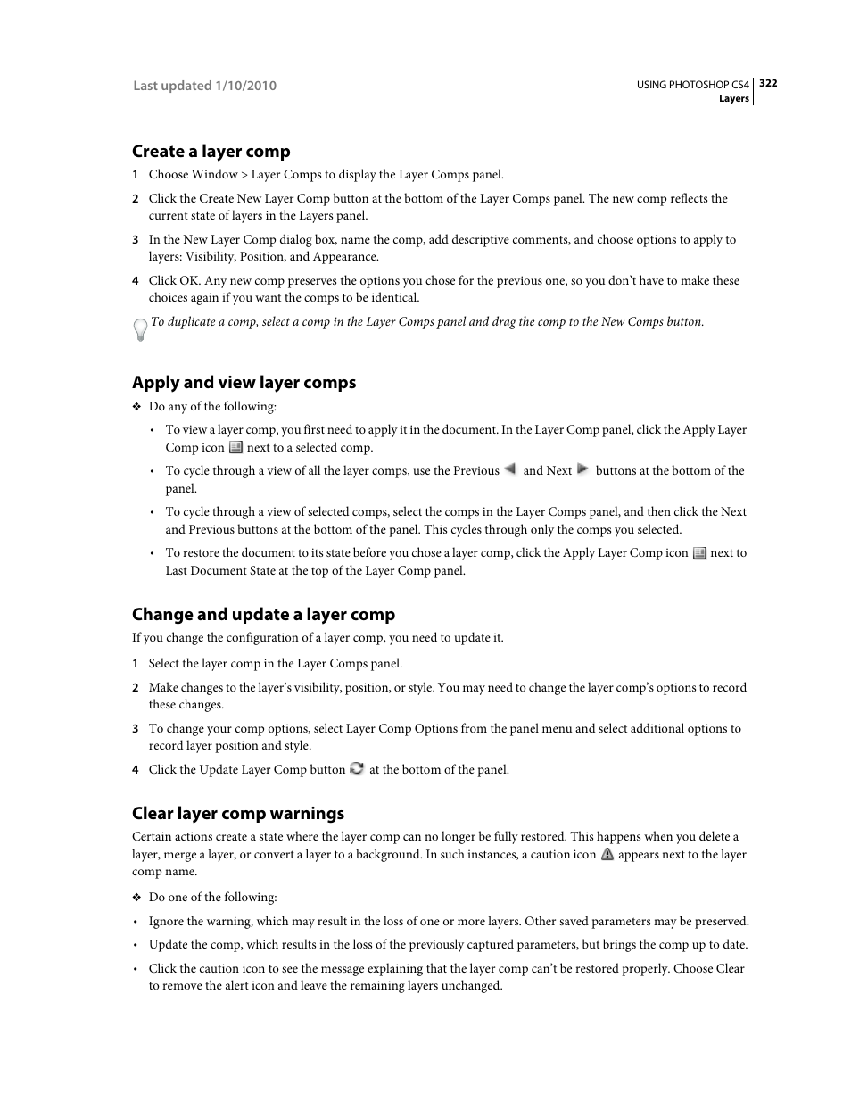 Create a layer comp, Apply and view layer comps, Change and update a layer comp | Clear layer comp warnings | Adobe Photoshop CS4 User Manual | Page 329 / 707