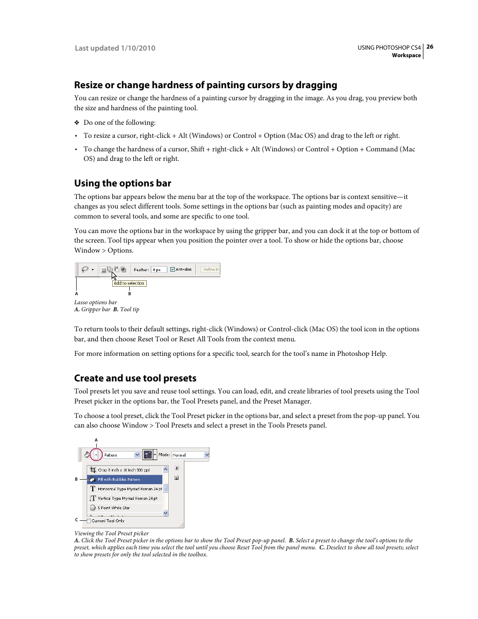 Using the options bar, Create and use tool presets | Adobe Photoshop CS4 User Manual | Page 33 / 707