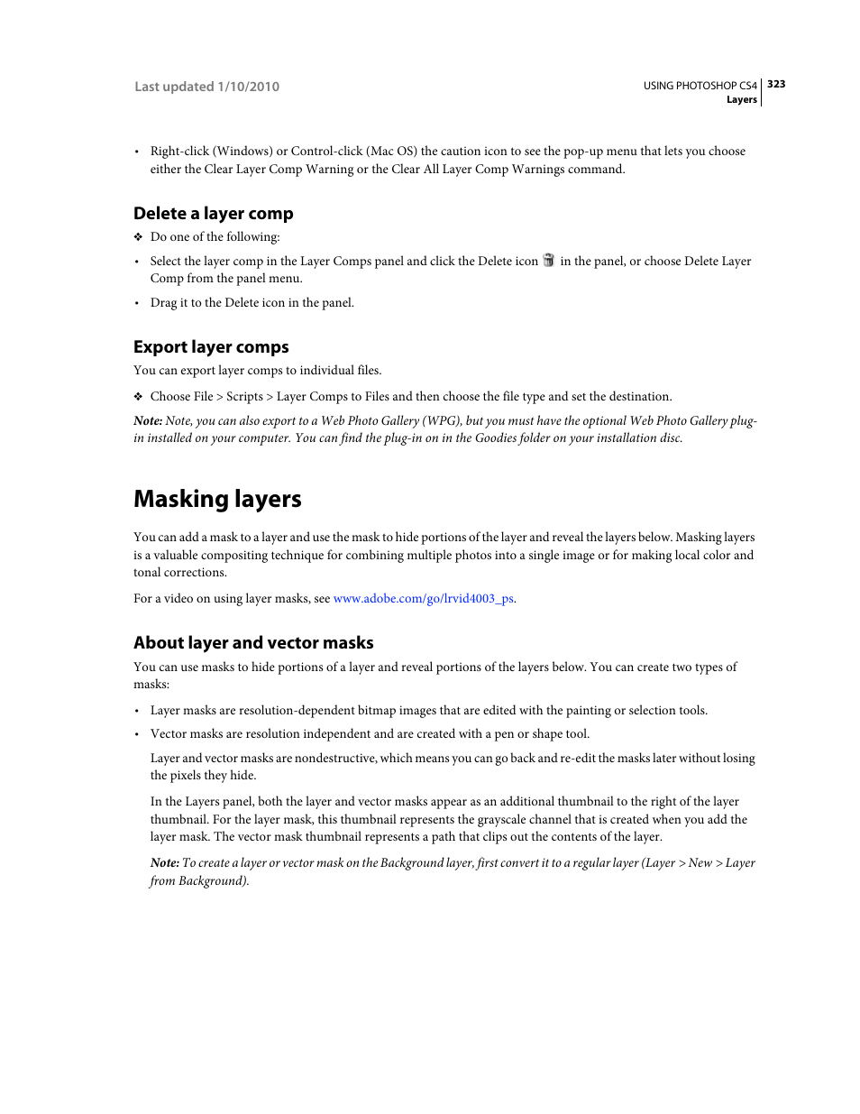 Delete a layer comp, Export layer comps, Masking layers | About layer and vector masks, Masking, Layers | Adobe Photoshop CS4 User Manual | Page 330 / 707