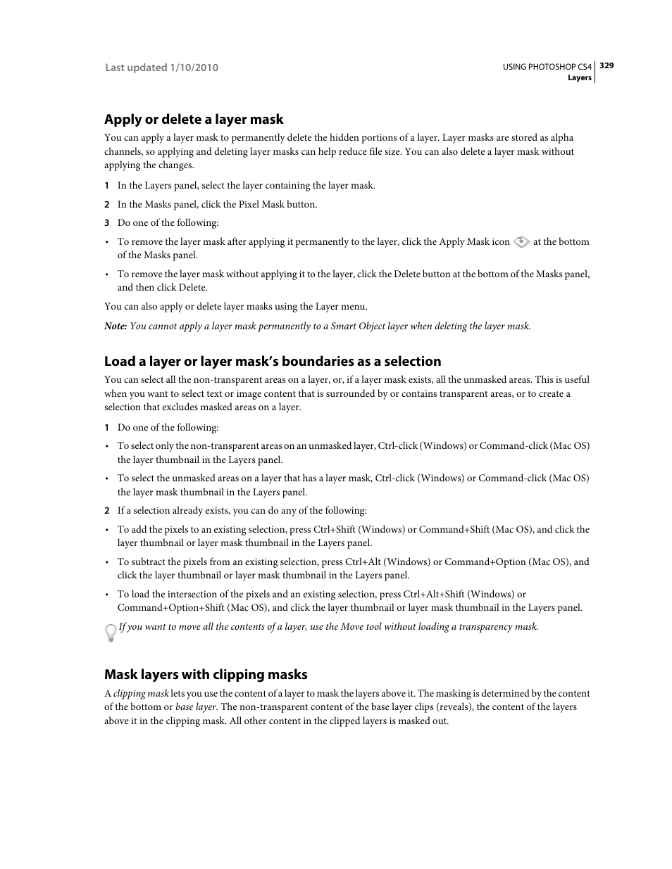 Apply or delete a layer mask, Mask layers with clipping masks, Mask layers with clipping | Masks, Mask layers, With clipping masks | Adobe Photoshop CS4 User Manual | Page 336 / 707