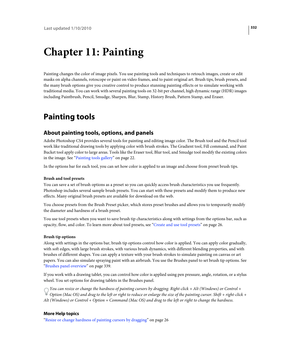 Chapter 11: painting, Painting tools, About painting tools, options, and panels | Adobe Photoshop CS4 User Manual | Page 339 / 707