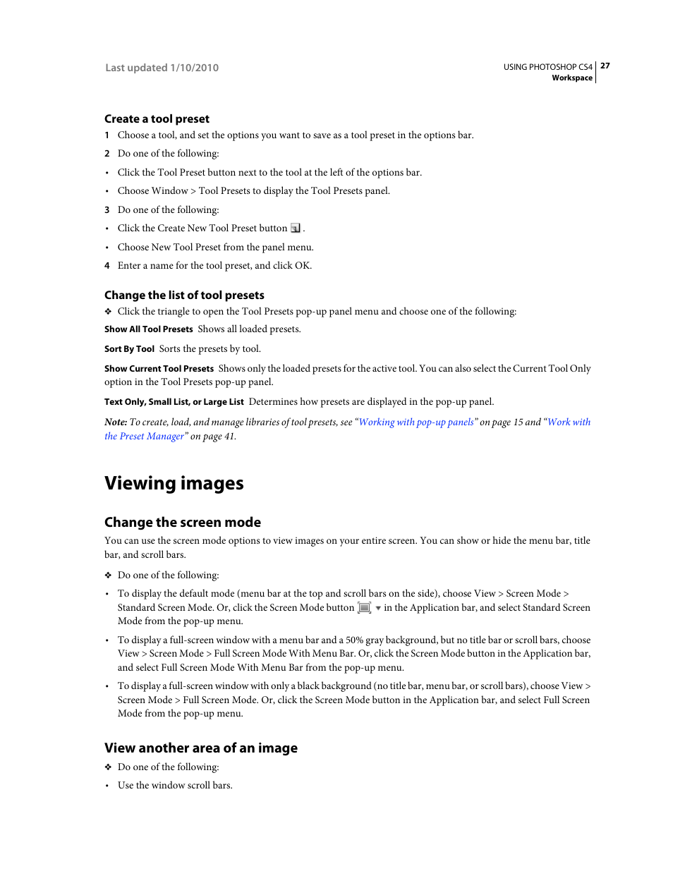 Create a tool preset, Change the list of tool presets, Viewing images | Change the screen mode, View another area of an image | Adobe Photoshop CS4 User Manual | Page 34 / 707