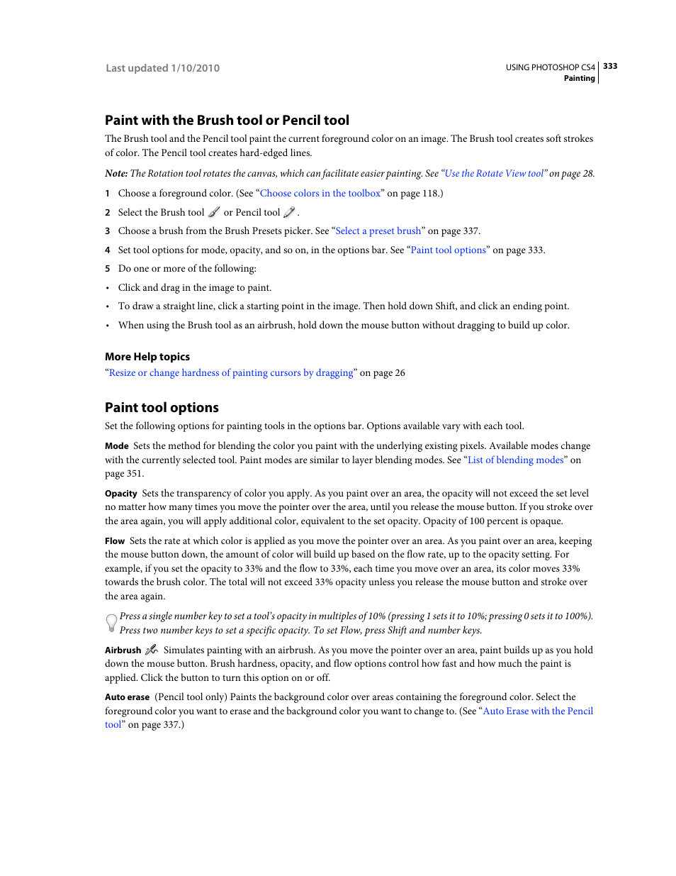 Paint with the brush tool or pencil tool, Paint tool options | Adobe Photoshop CS4 User Manual | Page 340 / 707