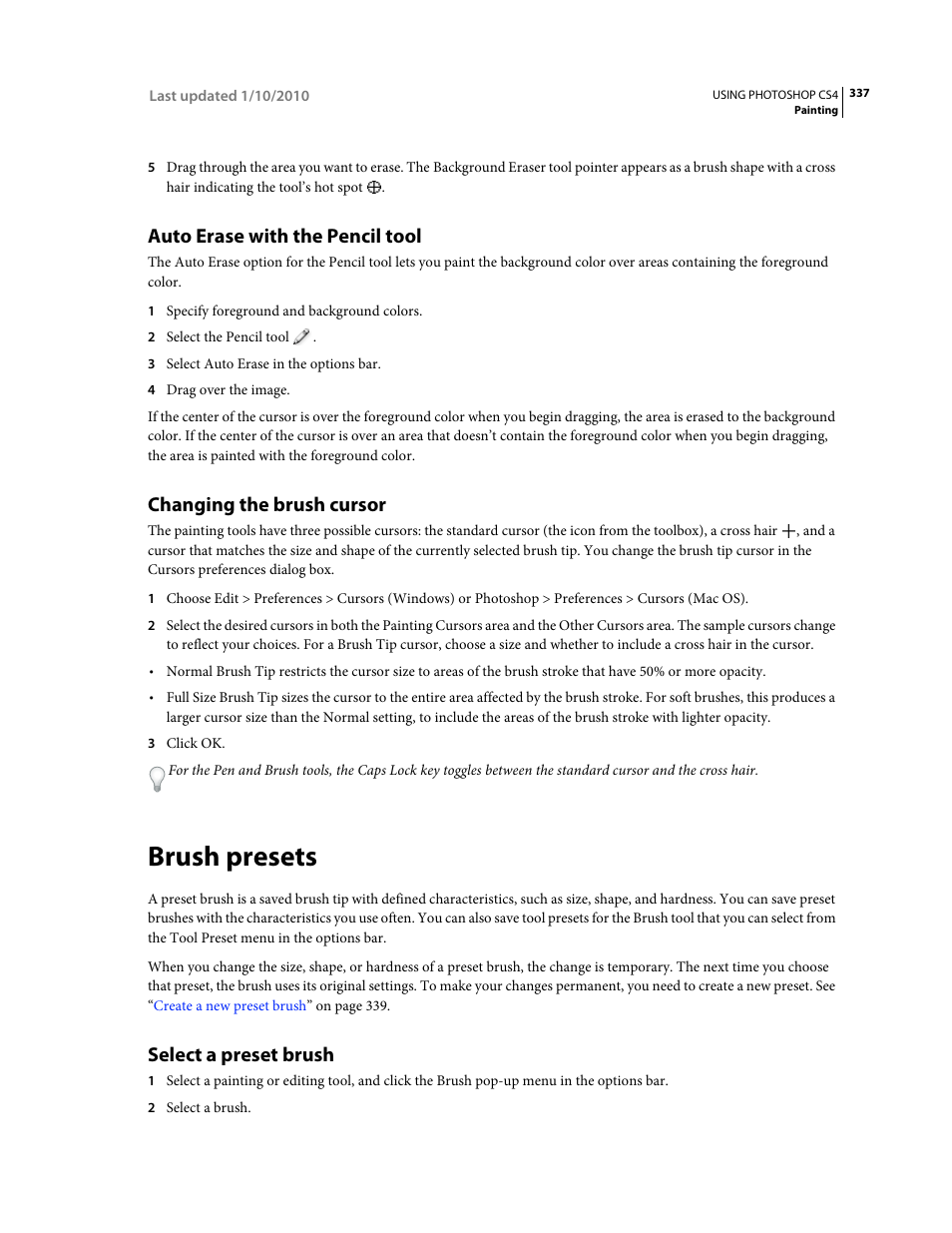 Auto erase with the pencil tool, Changing the brush cursor, Brush presets | Select a preset brush, Auto erase with the pencil, Tool | Adobe Photoshop CS4 User Manual | Page 344 / 707