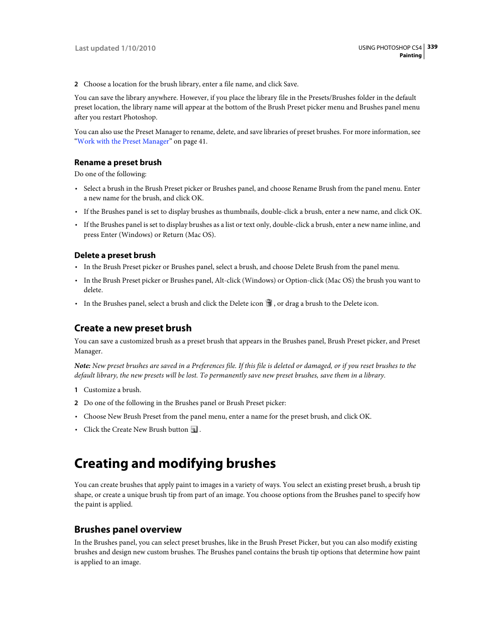 Rename a preset brush, Delete a preset brush, Create a new preset brush | Creating and modifying brushes, Brushes panel overview | Adobe Photoshop CS4 User Manual | Page 346 / 707