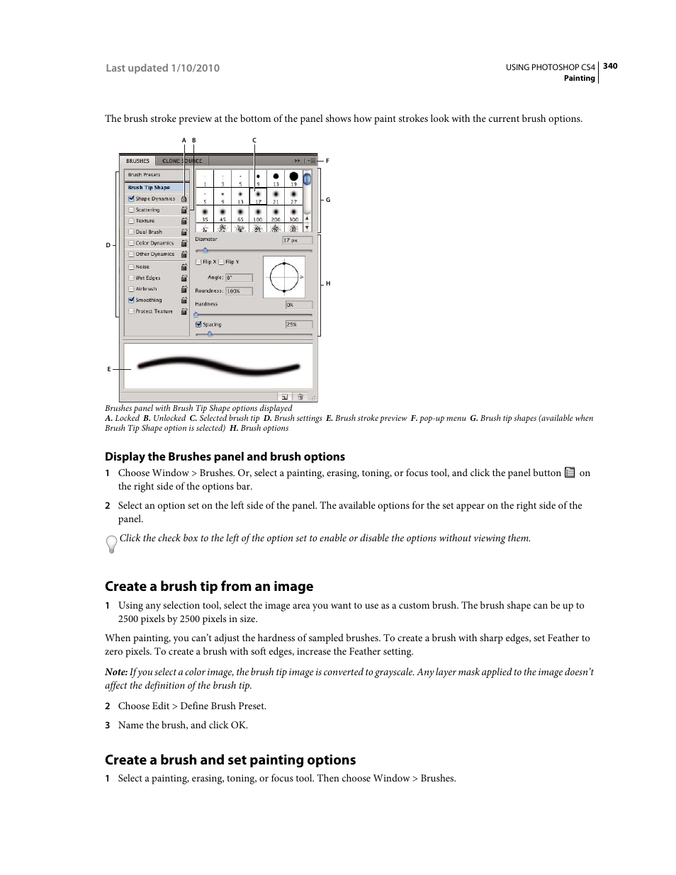 Display the brushes panel and brush options, Create a brush tip from an image, Create a brush and set painting options | Adobe Photoshop CS4 User Manual | Page 347 / 707