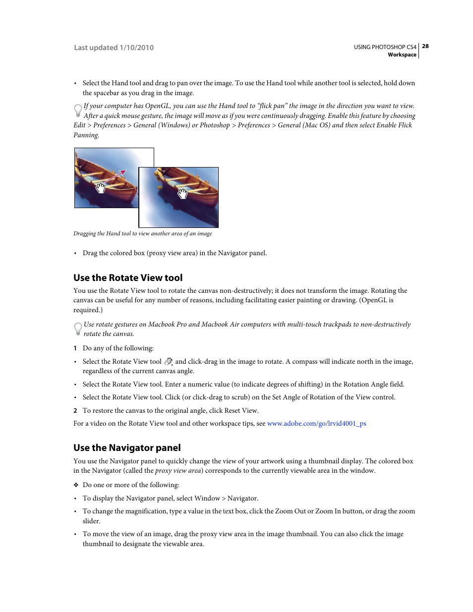 Use the rotate view tool, Use the navigator panel | Adobe Photoshop CS4 User Manual | Page 35 / 707